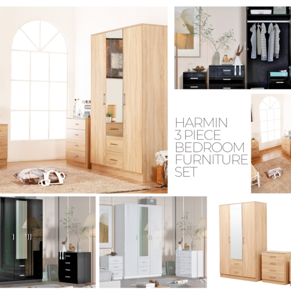 3 PIECE MIRRORED BEDROOM FURNITURE SET - SOFT CLOSE WARDROBE, CHEST & BEDSIDE