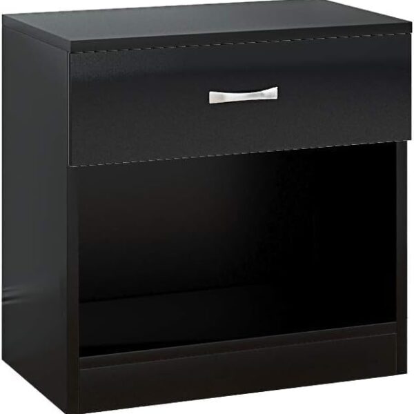 Black on Black Bedside Cabinet Drawer With High Gloss Drawer Front