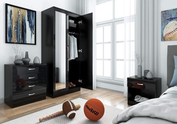 Mirrored Black HIGH GLOSS Bedroom Furniture Set - 2 door Wardrobe Chest Bedside - Image 3