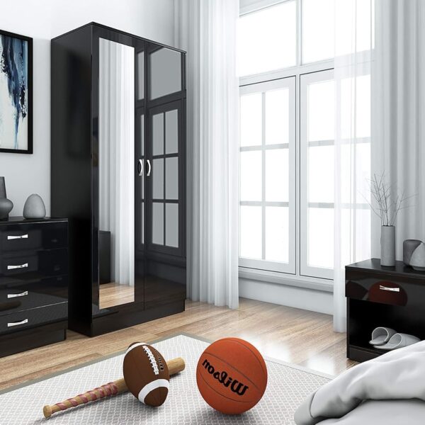 Mirrored Black HIGH GLOSS Bedroom Furniture Set - 2 door Wardrobe Chest Bedside