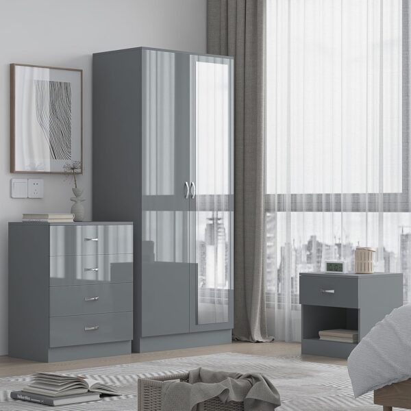 Mirrored Grey HIGH GLOSS Bedroom Furniture Set - 2 door Wardrobe Chest Bedside