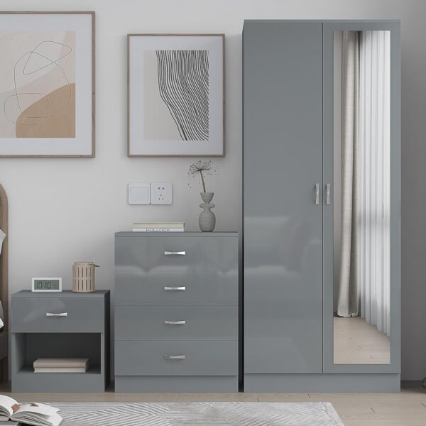 Mirrored Grey HIGH GLOSS Bedroom Furniture Set - 2 door Wardrobe Chest Bedside - Image 4