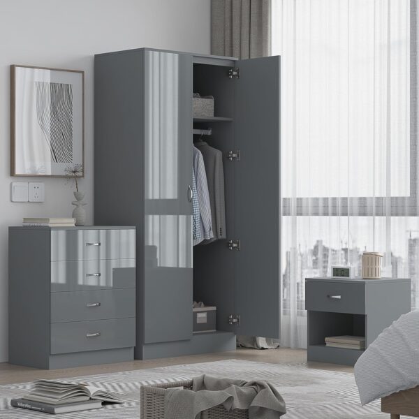 Mirrored Grey HIGH GLOSS Bedroom Furniture Set - 2 door Wardrobe Chest Bedside - Image 3