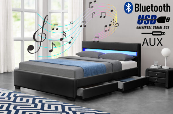 Exclusive Harmin Designer Music Bed, Bluetooth, Speakers, LED Colour Changing Faux Leather Bed Frame with Remote for LEDs (Black, Double 4ft6)