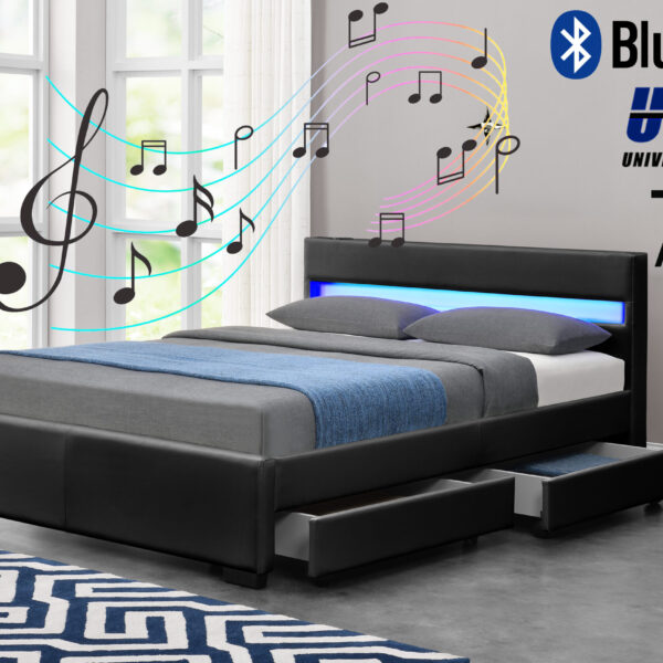 Exclusive Harmin Designer Music Bed, Bluetooth, Speakers, LED Colour Changing Faux Leather Bed Frame with Remote for LEDs (Black, Double 4ft6)