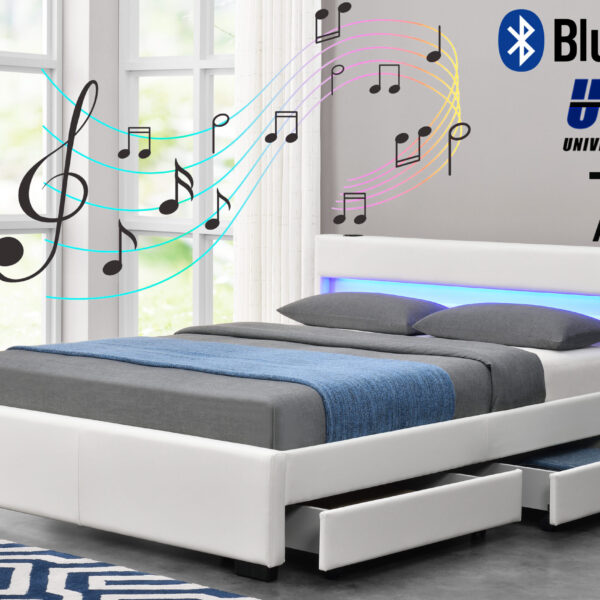Exclusive Harmin Designer Music Bed, Bluetooth, Speakers, LED Colour Changing Faux Leather Bed Frame with Remote for LEDs (White, Double 4ft6)