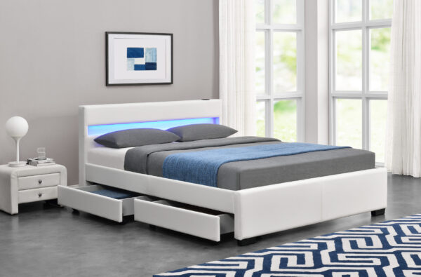 Exclusive Harmin Designer Music Bed, Bluetooth, Speakers, LED Colour Changing Faux Leather Bed Frame with Remote for LEDs (White, Double 4ft6) - Image 2