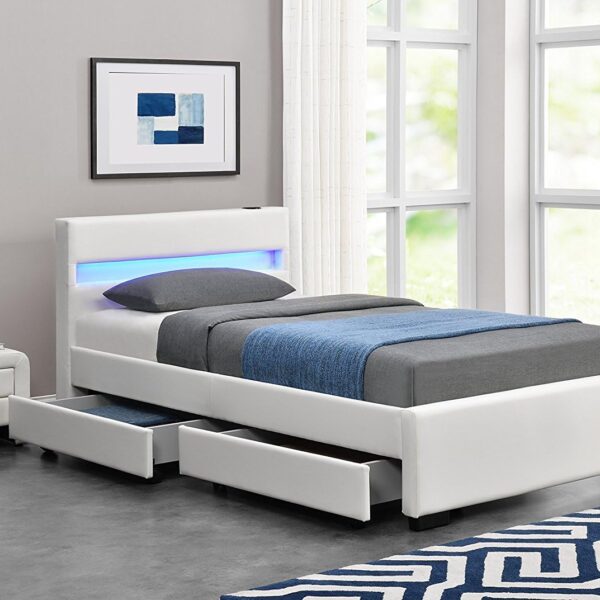 Exclusive Harmin Designer Music Bed, Bluetooth, Speakers, LED Colour Changing Faux Leather Bed Frame with Remote for LEDs (White, Single 3ft)