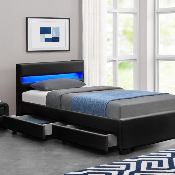 Exclusive Harmin Designer Music Bed, Bluetooth, Speakers, LED Colour Changing Faux Leather Bed Frame with Remote for LEDs (Black, Single 3ft)