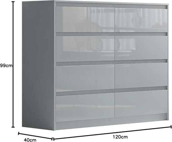 Grey 8 Drawer High Gloss Chest / Sideboard / Cabinet Handleless Sleek Design - Image 5