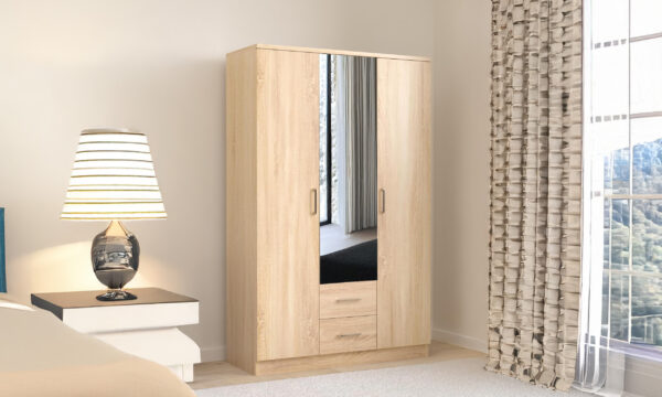 SONOMA OAK MIRRORED 3 DOOR SOFT CLOSE WARDROBE - 46.5cm x 113.5cm x 180cm - Image 2