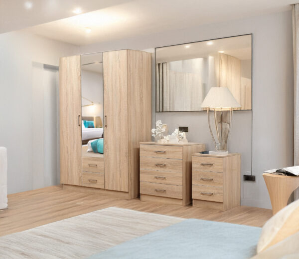 SONOMA OAK MIRRORED BEDROOM FURNITURE SET - SOFT CLOSE WARDROBE, CHEST & BEDSIDE