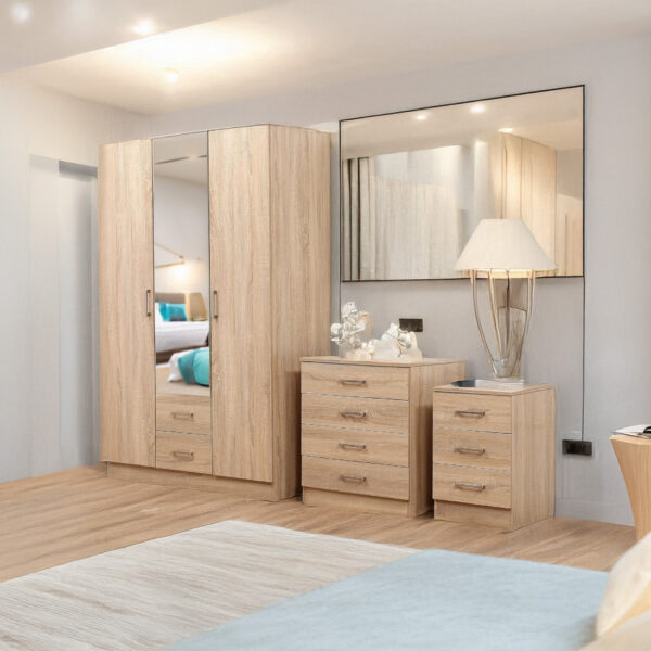 SONOMA OAK MIRRORED BEDROOM FURNITURE SET - SOFT CLOSE WARDROBE, CHEST & BEDSIDE