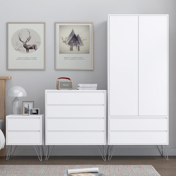 White Bedroom furniture Set with Metal legs - Wardrobe, Chest & Bedside - Image 2