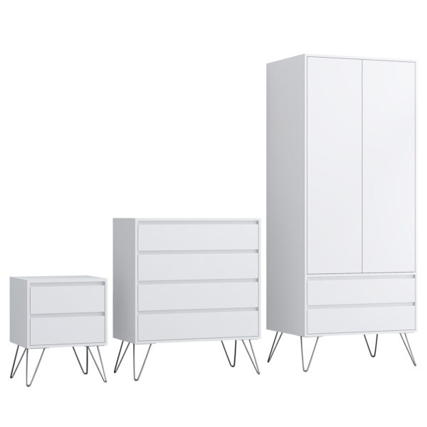 White Bedroom furniture Set with Metal legs - Wardrobe, Chest & Bedside - Image 7