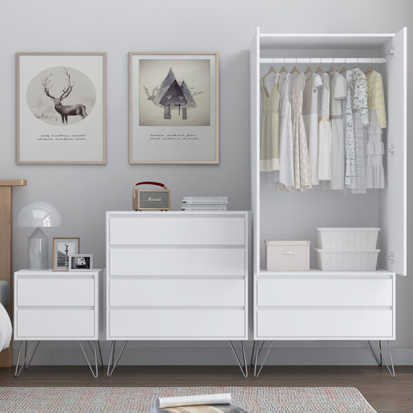 White Bedroom furniture Set with Metal legs - Wardrobe, Chest & Bedside - Image 3