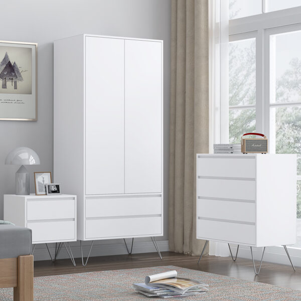 White Bedroom furniture Set with Metal legs - Wardrobe, Chest & Bedside