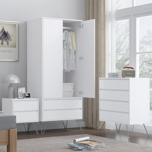 White Bedroom furniture Set with Metal legs - Wardrobe, Chest & Bedside - Image 6