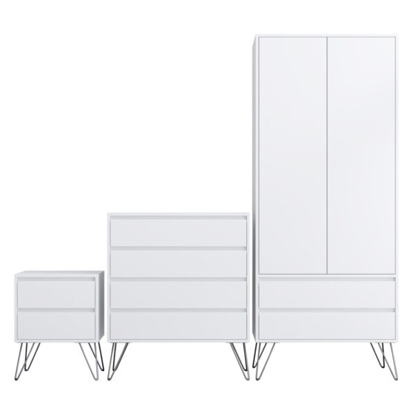 White Bedroom furniture Set with Metal legs - Wardrobe, Chest & Bedside - Image 8
