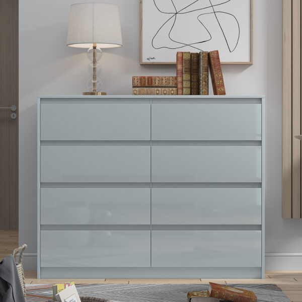 Grey 8 Drawer High Gloss Chest / Sideboard / Cabinet Handleless Sleek Design