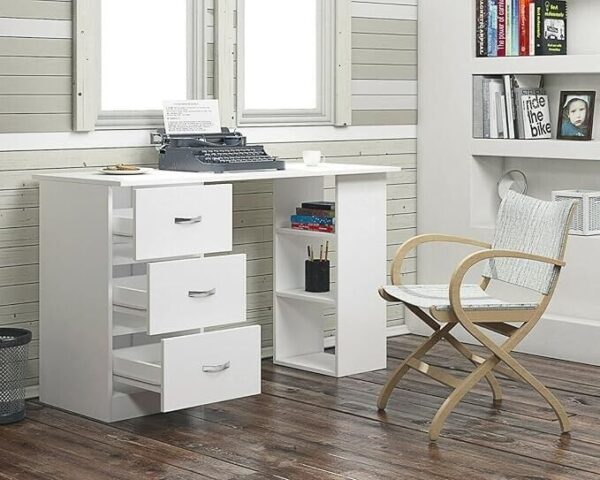 White 120cm Computer Desk Modern Study Writing Table PC Workstation 3 Shelf 3 Drawers - Image 2