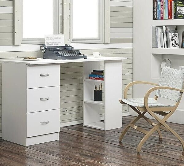White 120cm Computer Desk Modern Study Writing Table PC Workstation 3 Shelf 3 Drawers