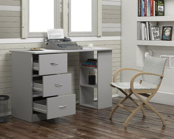 Grey 120cm Computer Desk Modern Study Writing Table PC Workstation 3 Shelf 3 Drawers - Image 2