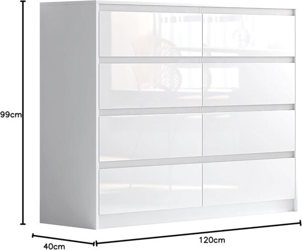 White 8 Drawer High Gloss Chest / Sideboard / Cabinet Handleless Sleek Design - Image 5
