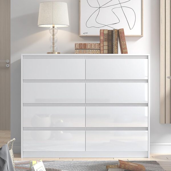 White 8 Drawer High Gloss Chest / Sideboard / Cabinet Handleless Sleek Design
