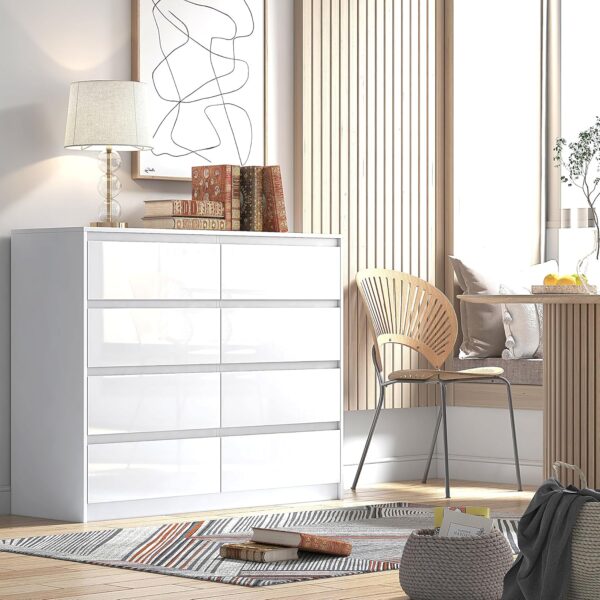 White 8 Drawer High Gloss Chest / Sideboard / Cabinet Handleless Sleek Design - Image 2