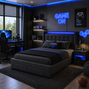 Modern Grey Double Ottoman Storage Bed with LED Headboard, USB & Plug Sockets