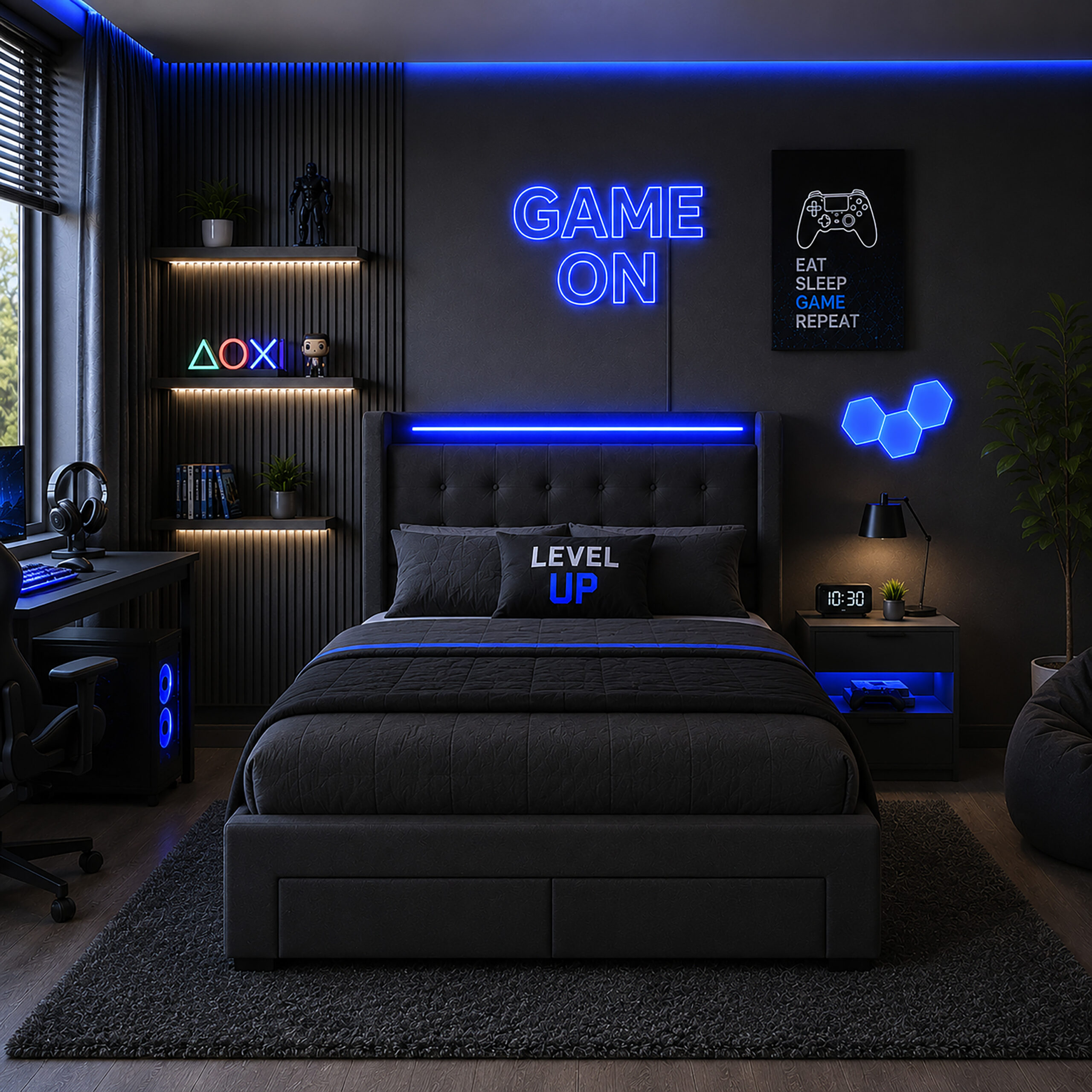 Modern Grey Double Ottoman Storage Bed with LED Headboard, USB & Plug Sockets - Image 3
