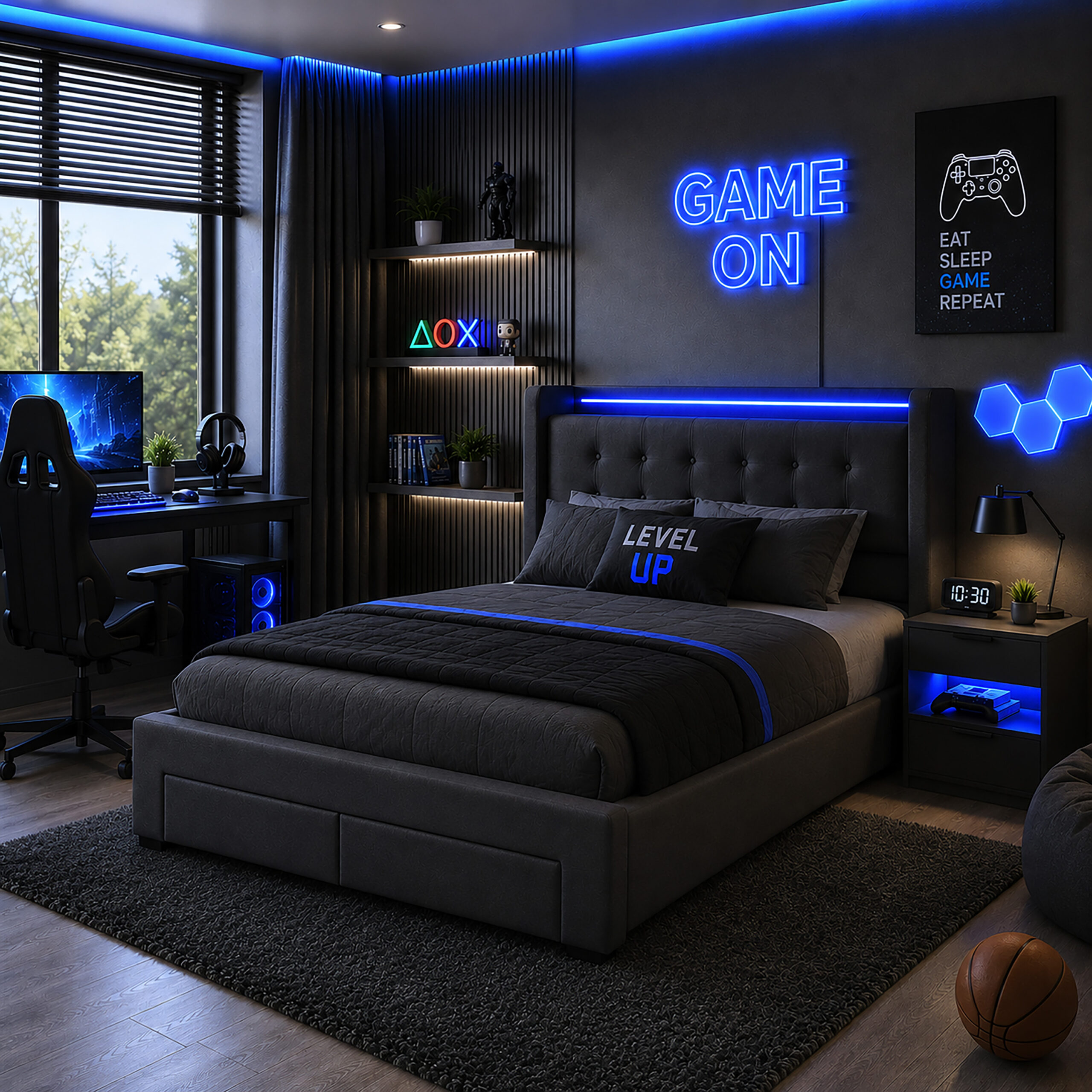 Modern Grey Double Ottoman Storage Bed with LED Headboard, USB & Plug Sockets