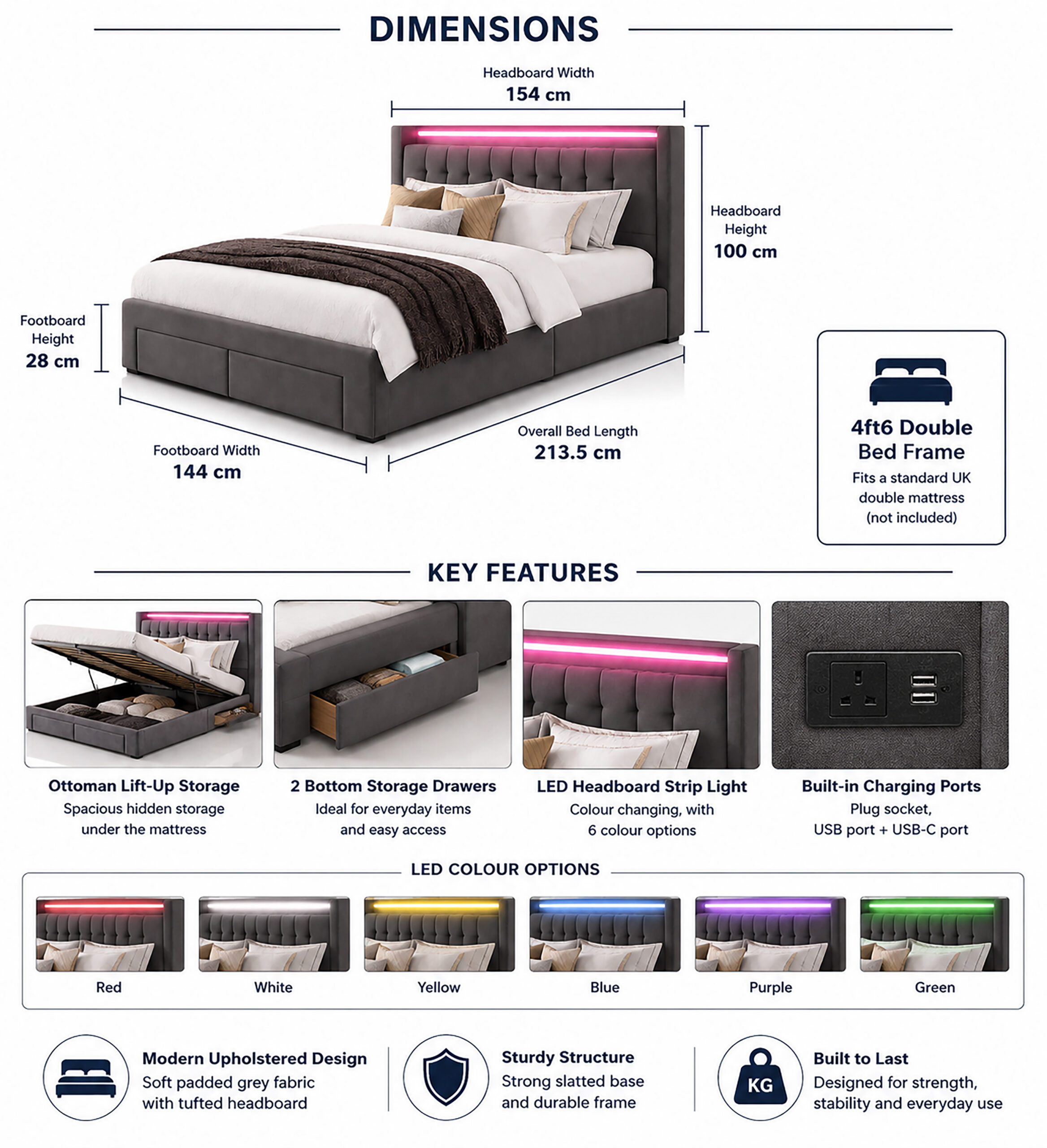 Modern Grey Double Ottoman Storage Bed with LED Headboard, USB & Plug Sockets - Image 2