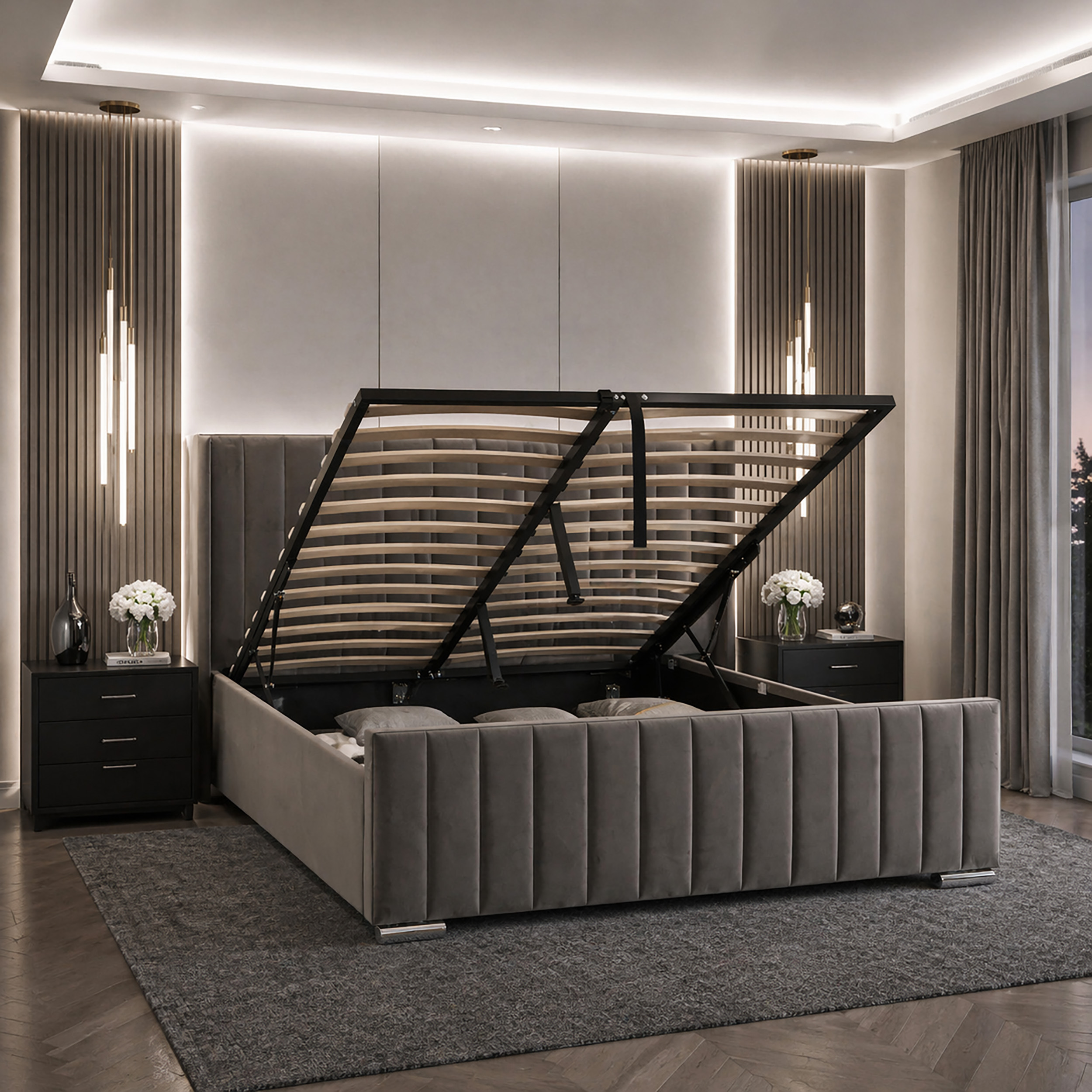 Luxury 4ft6 Double sized Steel Plush Velvet Ottoman Winged bed - Image 3