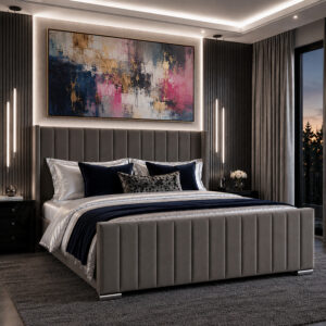 Luxury 4ft6 Double sized Steel Plush Velvet Ottoman Winged bed