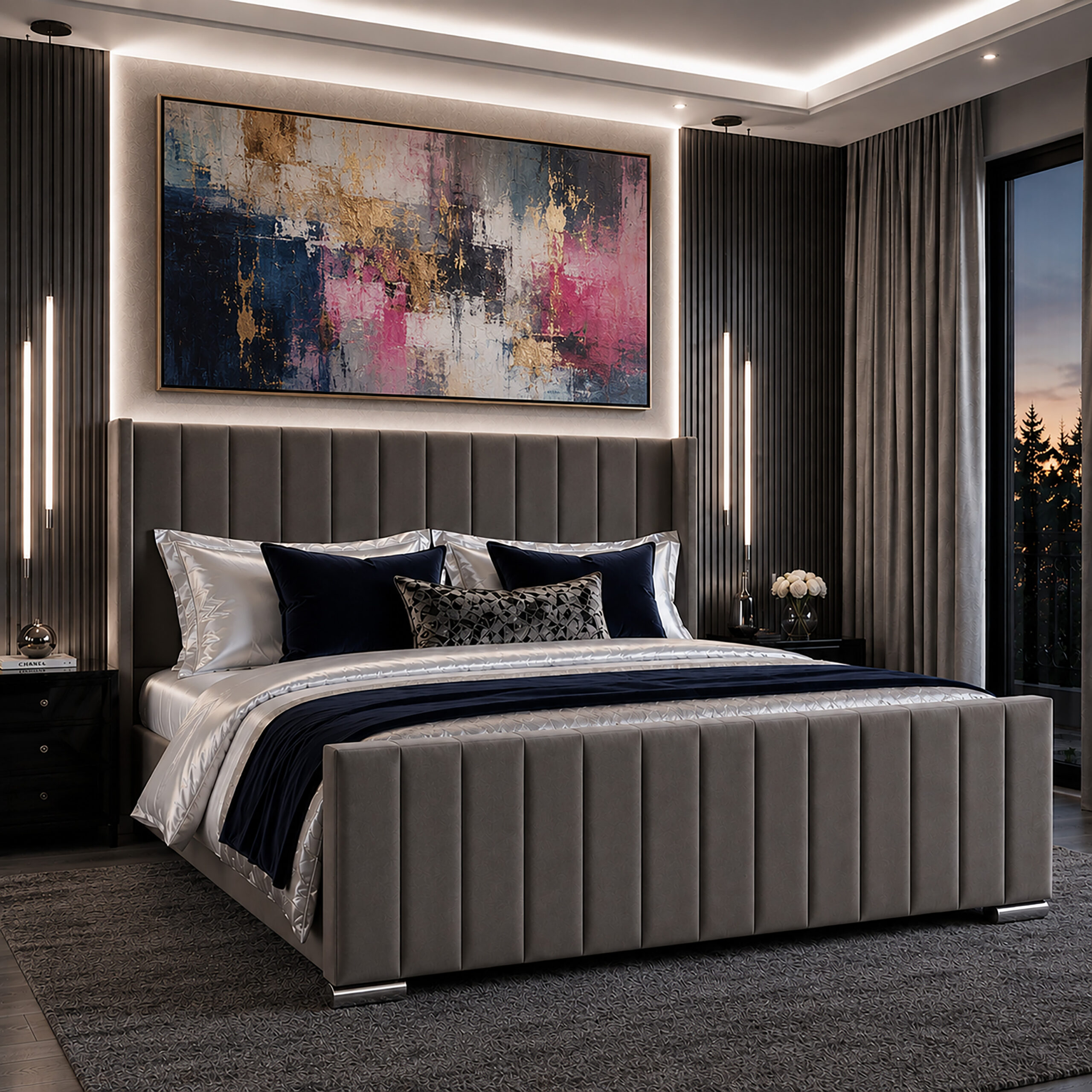 Luxury 4ft6 Double sized Steel Plush Velvet Ottoman Winged bed