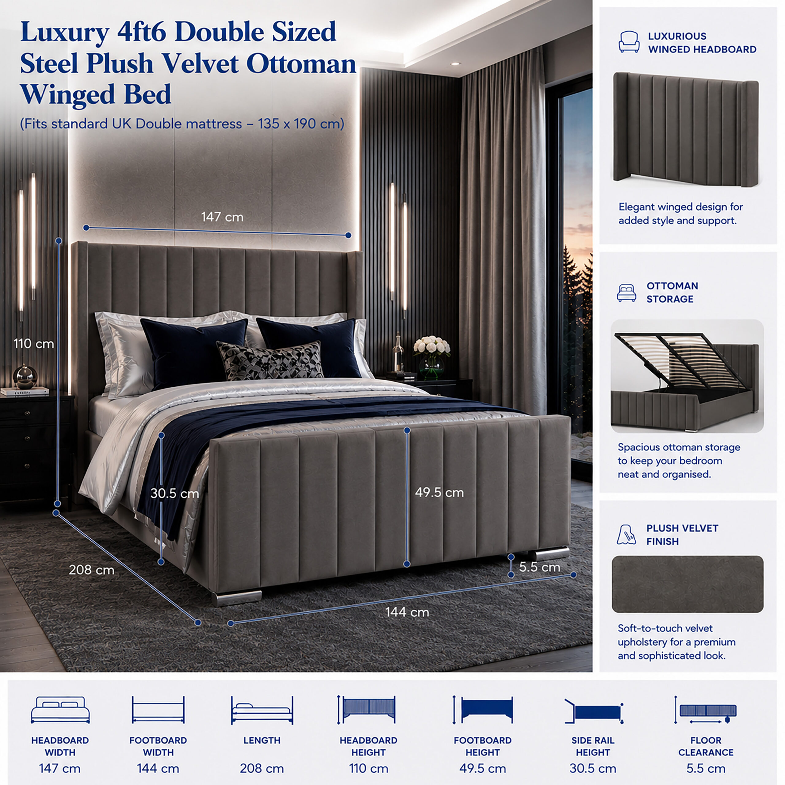 Luxury 4ft6 Double sized Steel Plush Velvet Ottoman Winged bed - Image 2
